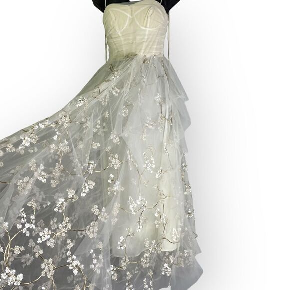 OHVIVI Off-White Applique See Through Tulle Prom Formal Dress Cherry Blossom - Picture 6 of 16